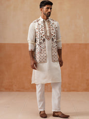 Elegant Leaf Embroidered Waistcoat with Kurta Pyjama ( JOKPWCS 5276 White ) [FF] [F-4-5]