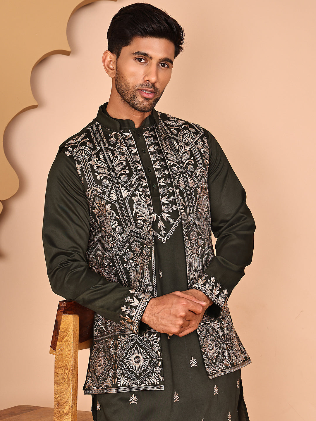 Embroidered Jacket with Classic Olive Kurta Set ( JOKPWCS 5277 Olive ) [FF] [F-4-5]