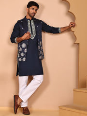 Navy Blue Kurta Set with Floral Embroidered Waistcoat ( JOKPWCS 5278 Navy ) [FF] [I-1]