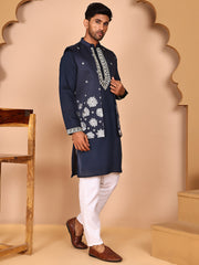 Navy Blue Kurta Set with Floral Embroidered Waistcoat ( JOKPWCS 5278 Navy ) [FF] [I-1]