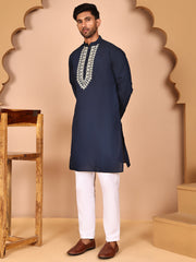 Navy Blue Kurta Set with Floral Embroidered Waistcoat ( JOKPWCS 5278 Navy ) [FF] [I-1]