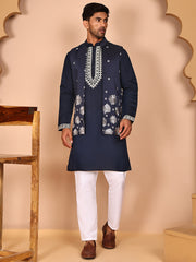 Navy Blue Kurta Set with Floral Embroidered Waistcoat ( JOKPWCS 5278 Navy ) [FF] [I-1]