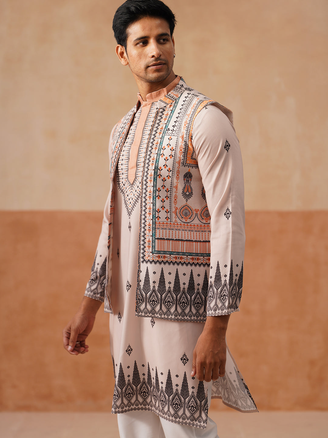 Printed Silk Blend Kurta with Matching Printed Waistcoat Set ( JOKPWCS 5301 Cream ) [FF] [P-7-8]