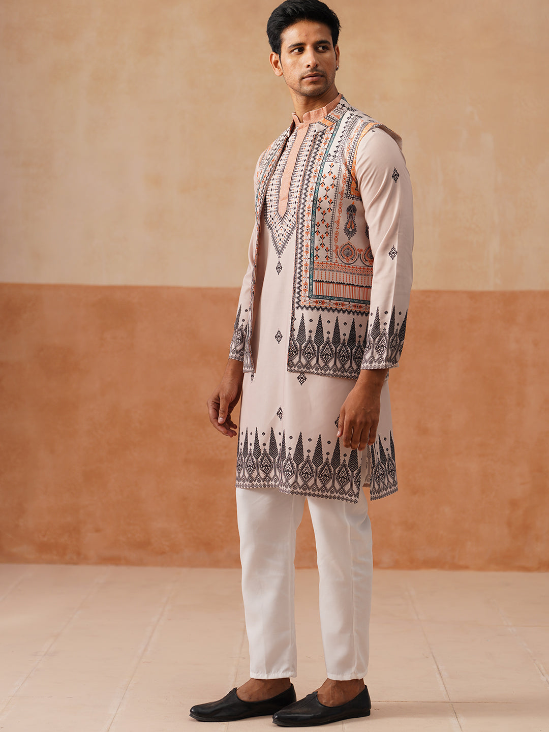 DesiQlo Men Printed Nehru Jacket and Kurta Pyjama Set - - JO 1cream