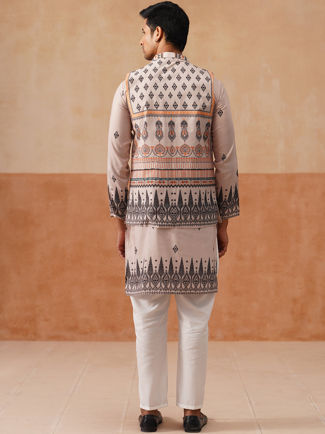 DesiQlo Men Printed Nehru Jacket and Kurta Pyjama Set - - JO 1cream