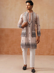 Printed Silk Blend Kurta with Matching Printed Waistcoat Set ( JOKPWCS 5301 Cream ) [FF] [P-7-8]