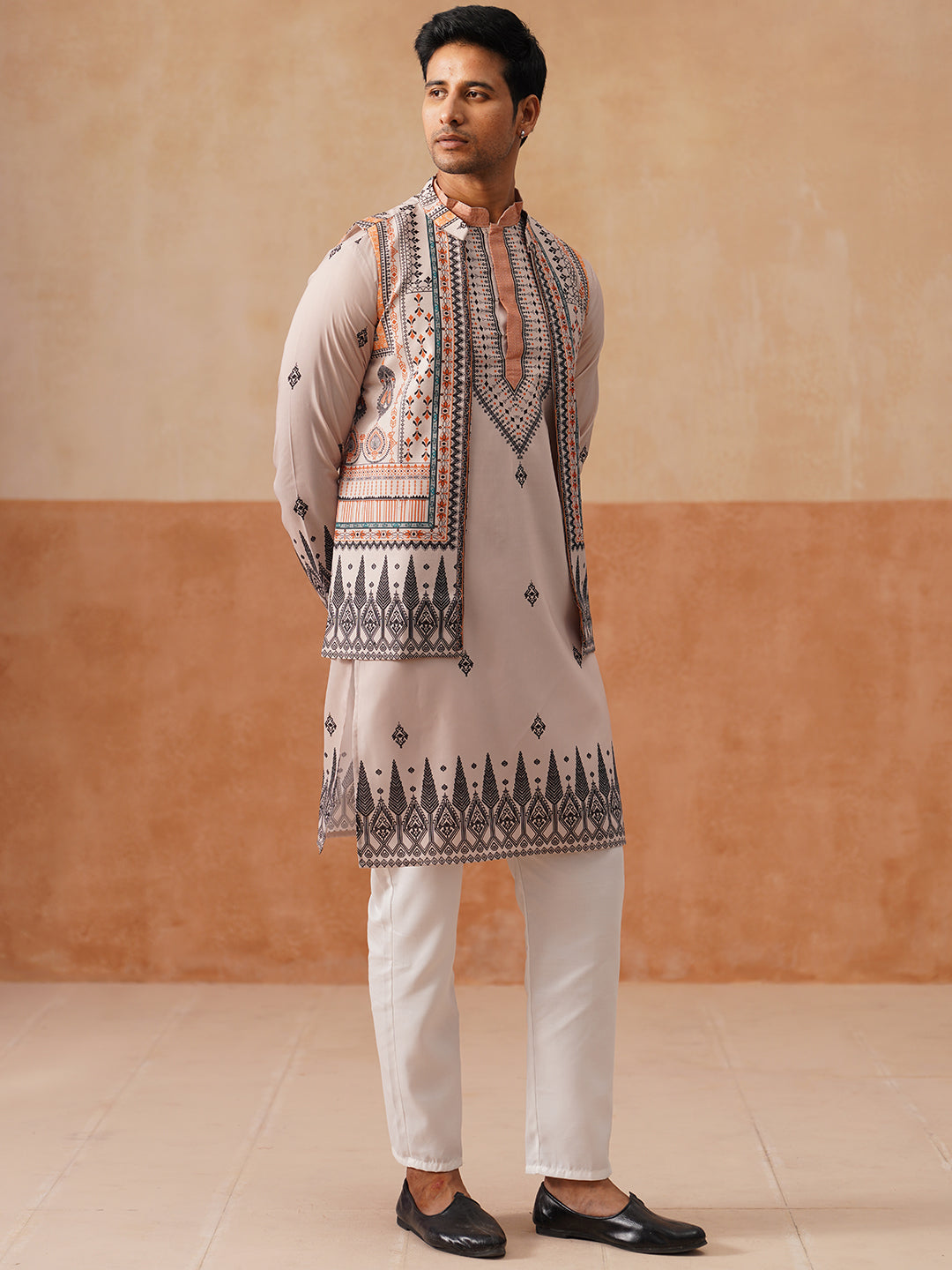 DesiQlo Men Printed Nehru Jacket and Kurta Pyjama Set - - JO 1cream