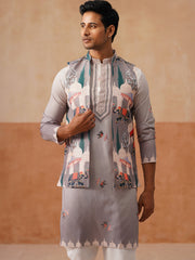 Printed Silk Blend Kurta with Matching Printed Waistcoat Set ( JOKPWCS 5301 Grey ) [FF] [P-7-8]