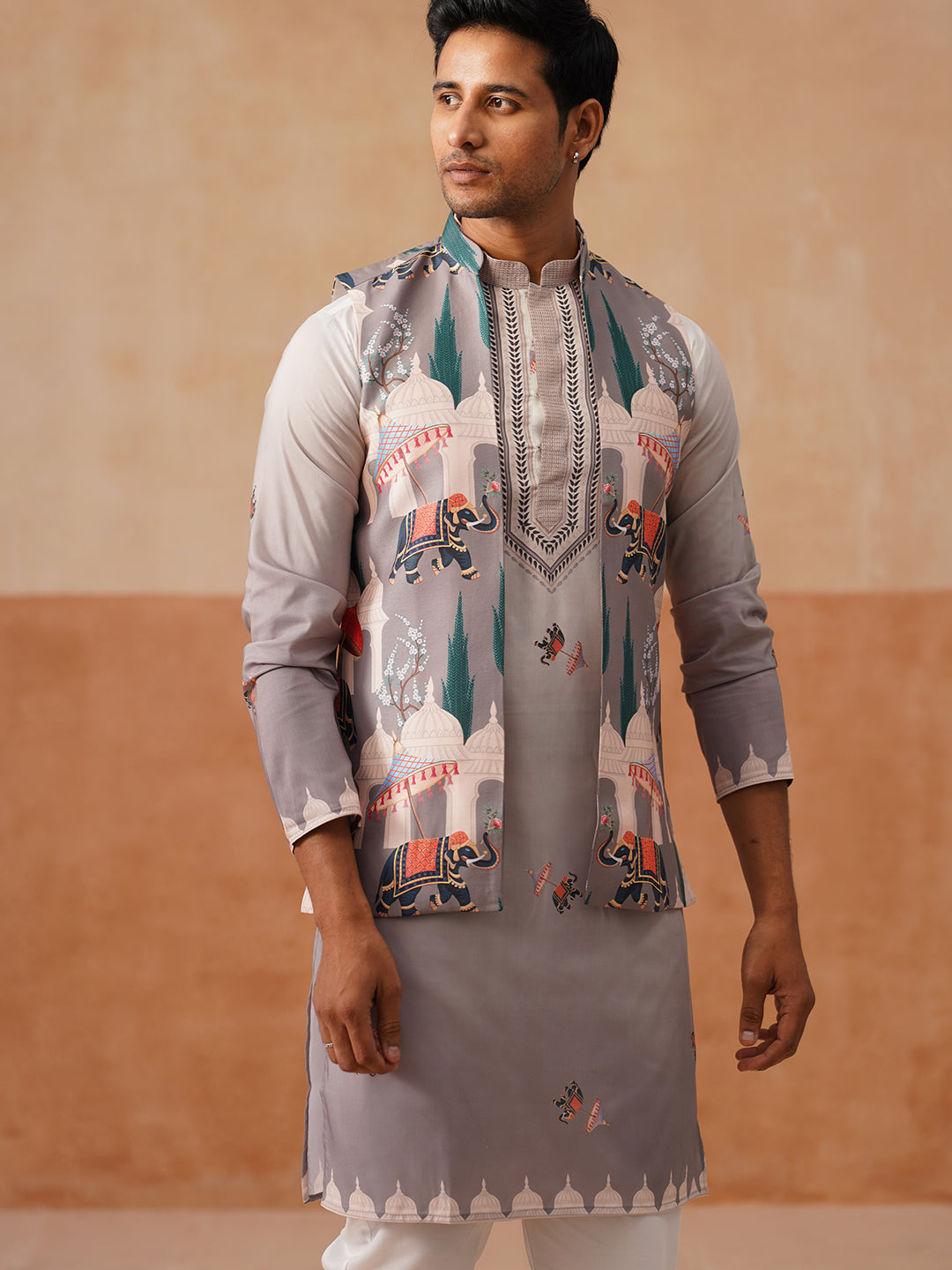 DesiQlo Men Printed Nehru Jacket and Kurta Pyjama Set - - JO 01grey