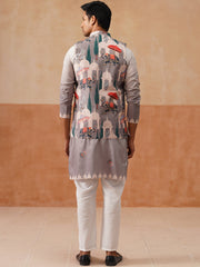 Printed Silk Blend Kurta with Matching Printed Waistcoat Set ( JOKPWCS 5301 Grey ) [FF] [P-7-8]
