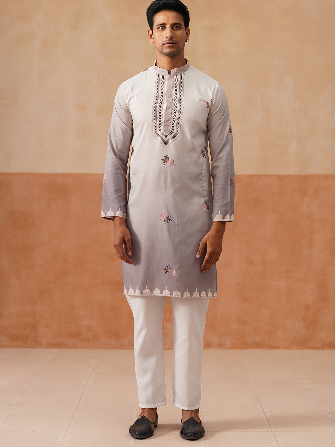 DesiQlo Men Printed Nehru Jacket and Kurta Pyjama Set - - JO 01grey