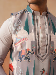 Printed Silk Blend Kurta with Matching Printed Waistcoat Set ( JOKPWCS 5301 Grey ) [FF] [P-7-8]