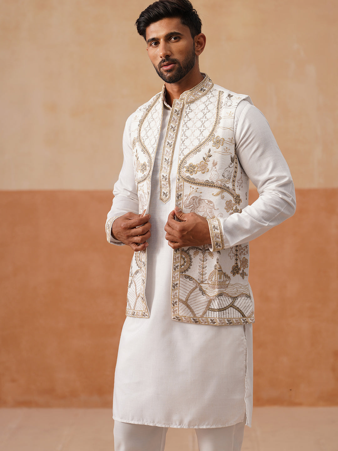 DesiQlo Men Embroidered Nehru Jacket and Kurta Pyjama S - JOKPWCS_5302