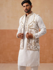 Embroidered Waistcoat and Kurta Pyjama For Men ( JOKPWCS 5302 White ) [FF] [A-8-7]