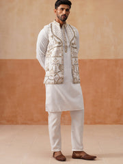 Embroidered Waistcoat and Kurta Pyjama For Men ( JOKPWCS 5302 White ) [FF] [A-8-7]
