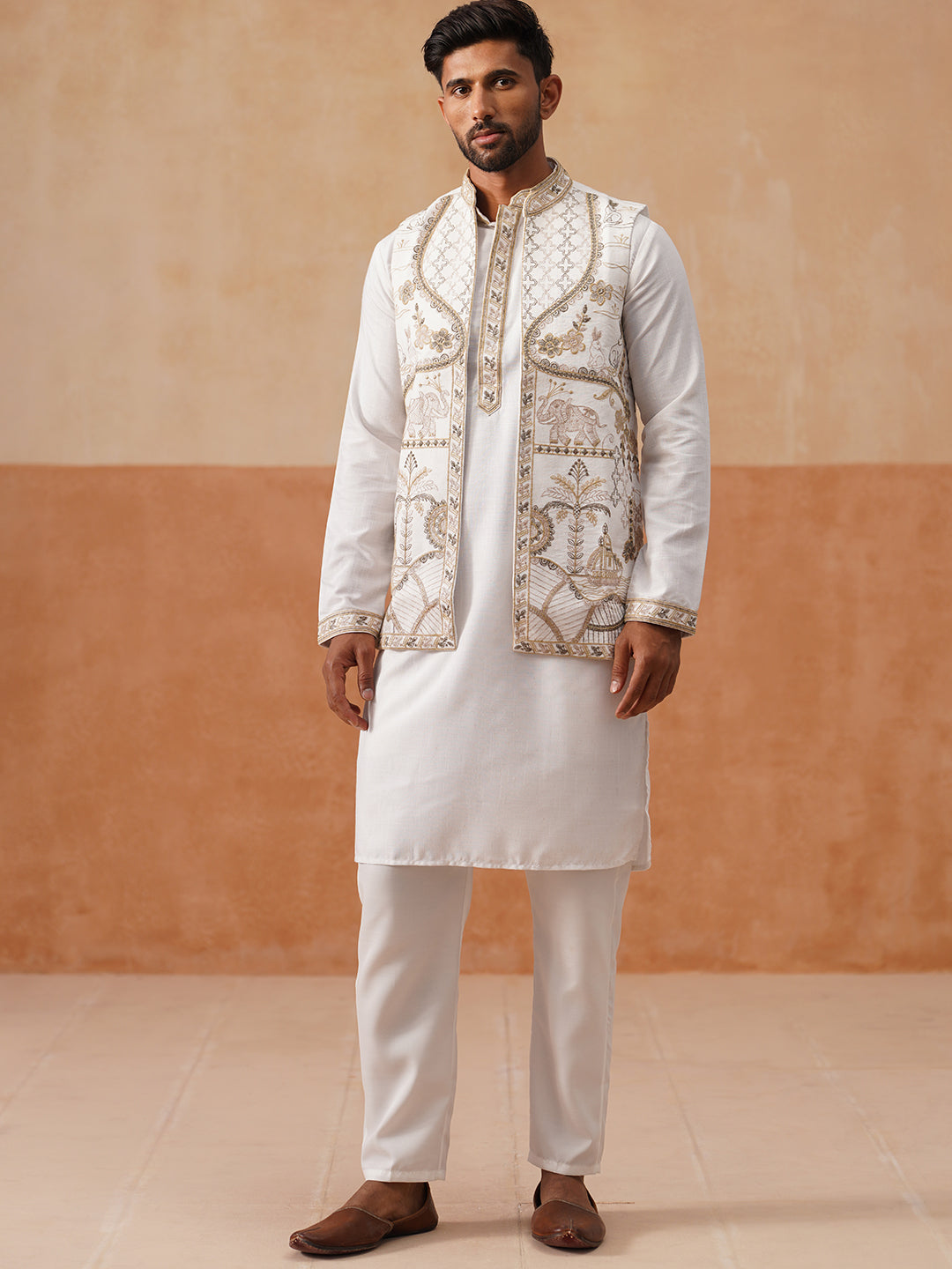 DesiQlo Men Embroidered Nehru Jacket and Kurta Pyjama S - JOKPWCS_5302