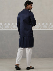 Floral Embroidered Nehru Jacket and Silk Blend Kurta Set ( JOKPWCS 5321 Navy ) [FF] [I-3]