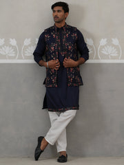 Floral Embroidered Nehru Jacket and Silk Blend Kurta Set ( JOKPWCS 5321 Navy ) [FF] [I-3]