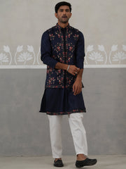 Floral Embroidered Nehru Jacket and Silk Blend Kurta Set ( JOKPWCS 5321 Navy ) [FF] [I-3]