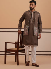 Embroidered Nehru Jacket with Kurta Pyjama Set (JOKPWCS 5367 Brown ) [FF] [A-6-7]