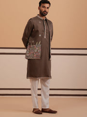 Embroidered Nehru Jacket with Kurta Pyjama Set (JOKPWCS 5367 Brown ) [FF] [A-6-7]