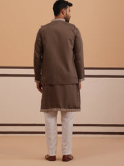 Embroidered Nehru Jacket with Kurta Pyjama Set (JOKPWCS 5367 Brown ) [FF] [A-6-7]