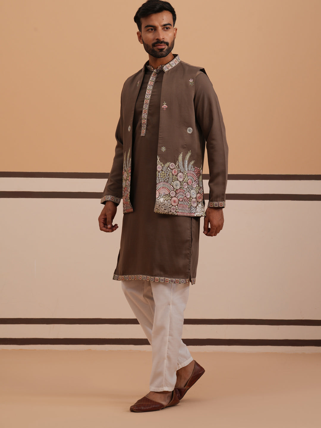 DesiQlo Men Embroidered Nehru Jacket and Kurta Pyjama S - JOKPWCS_5367