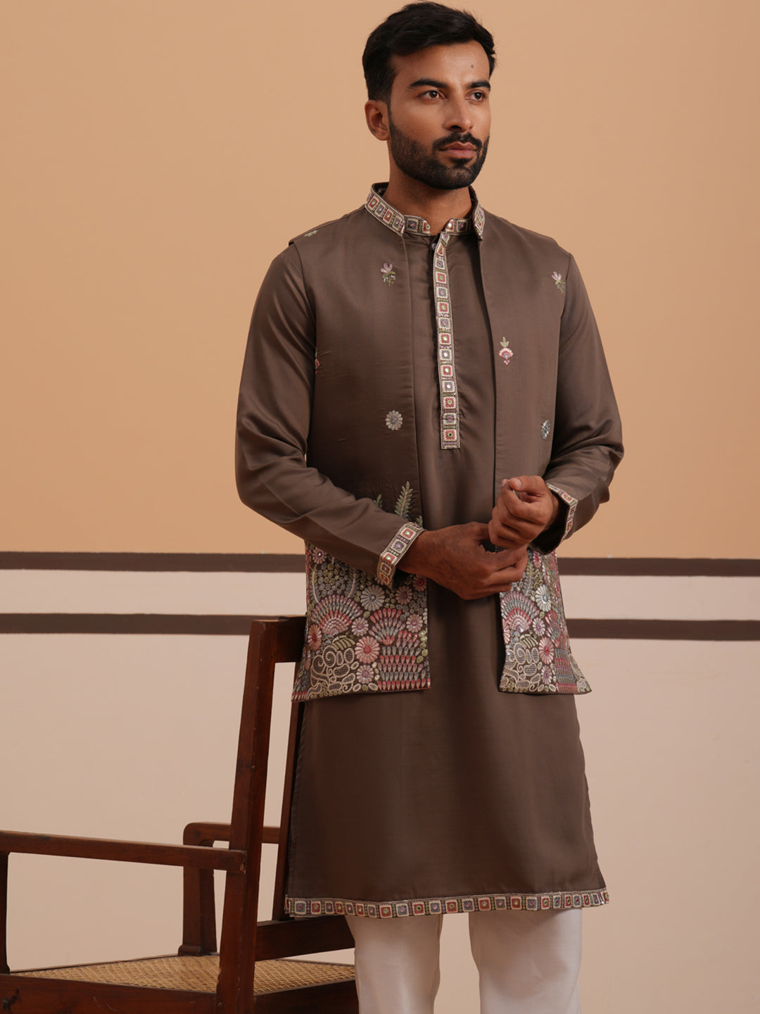 Embroidered Nehru Jacket with Kurta Pyjama Set (JOKPWCS 5367 Brown ) [FF] [A-6-7]