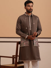 Embroidered Nehru Jacket with Kurta Pyjama Set (JOKPWCS 5367 Brown ) [FF] [A-6-7]