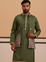 Embroidered Nehru Jacket with Kurta Pyjama Set ( JOKPWCS 5367 Olive ) [FF] [A-6-7]