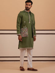 Embroidered Nehru Jacket with Kurta Pyjama Set ( JOKPWCS 5367 Olive ) [FF] [A-6-7]
