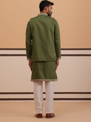 Embroidered Nehru Jacket with Kurta Pyjama Set ( JOKPWCS 5367 Olive ) [FF] [A-6-7]
