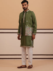 Embroidered Nehru Jacket with Kurta Pyjama Set ( JOKPWCS 5367 Olive ) [FF] [A-6-7]