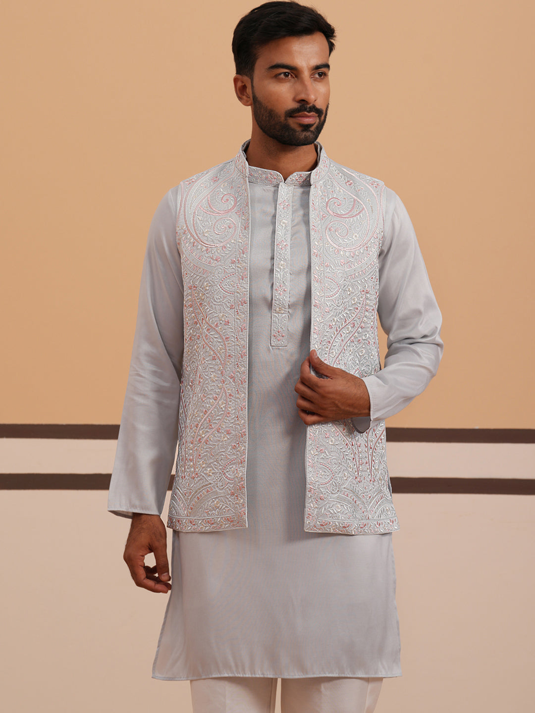 Blue Embroidered Nehru Jacket & Kurta Pyjama Set (JOKPWCS 5370 Blue ) [FF] [I-3]