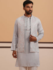 Blue Embroidered Nehru Jacket & Kurta Pyjama Set (JOKPWCS 5370 Blue ) [FF] [I-3]