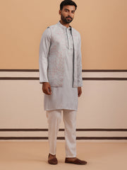 Blue Embroidered Nehru Jacket & Kurta Pyjama Set (JOKPWCS 5370 Blue ) [FF] [I-3]