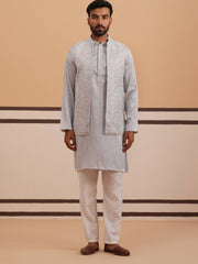 Blue Embroidered Nehru Jacket & Kurta Pyjama Set (JOKPWCS 5370 Blue ) [FF] [I-3]