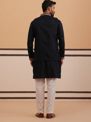 Black Threadwork Nehru Jacket with Kurta Pyjama (JOKPWCS 5376 Black ) [FF] [A-1-4]