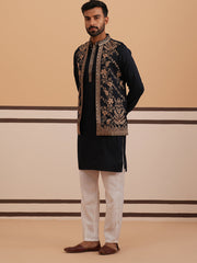 Black Threadwork Nehru Jacket with Kurta Pyjama (JOKPWCS 5376 Black ) [FF] [A-1-4]