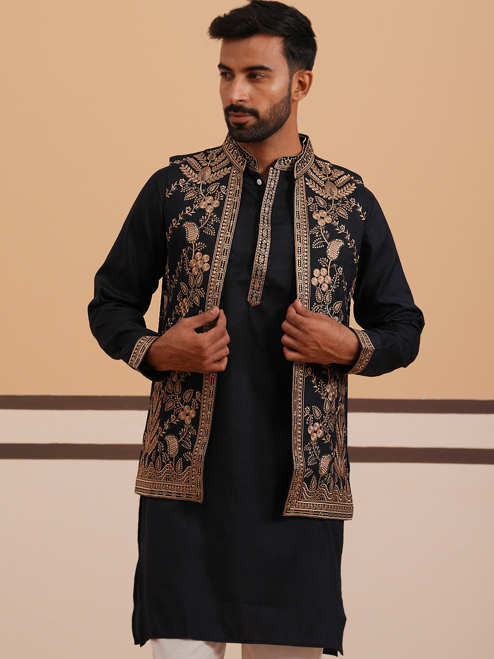 DesiQlo Men Embroidered Nehru Jacket and Kurta Pyjama S - JOKPWCS_5376