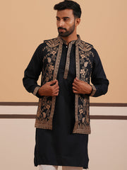 Black Threadwork Nehru Jacket with Kurta Pyjama (JOKPWCS 5376 Black ) [FF] [A-1-4]