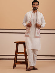 Ivory Embroidered Nehru Jacket Kurta Set for men (JOKPWCS 5377 White )
