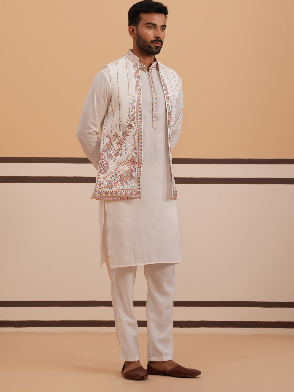 DesiQlo Men Embroidered Nehru Jacket and Kurta Pyjama S - JOKPWCS_5377
