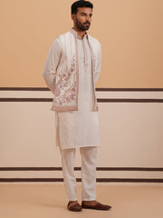 Ivory Embroidered Nehru Jacket Kurta Set for men (JOKPWCS 5377 White )