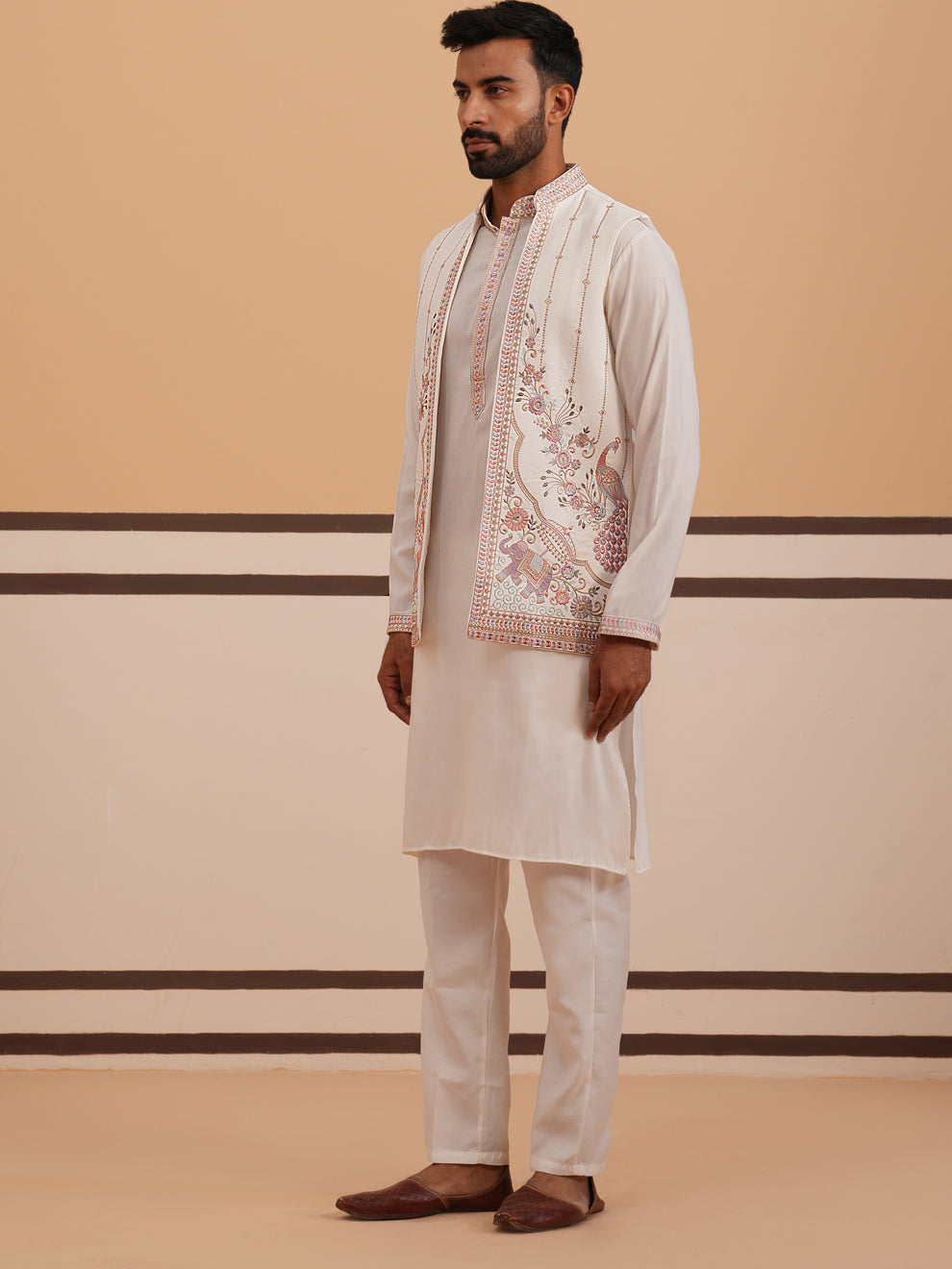 DesiQlo Men Embroidered Nehru Jacket and Kurta Pyjama S - JOKPWCS_5377