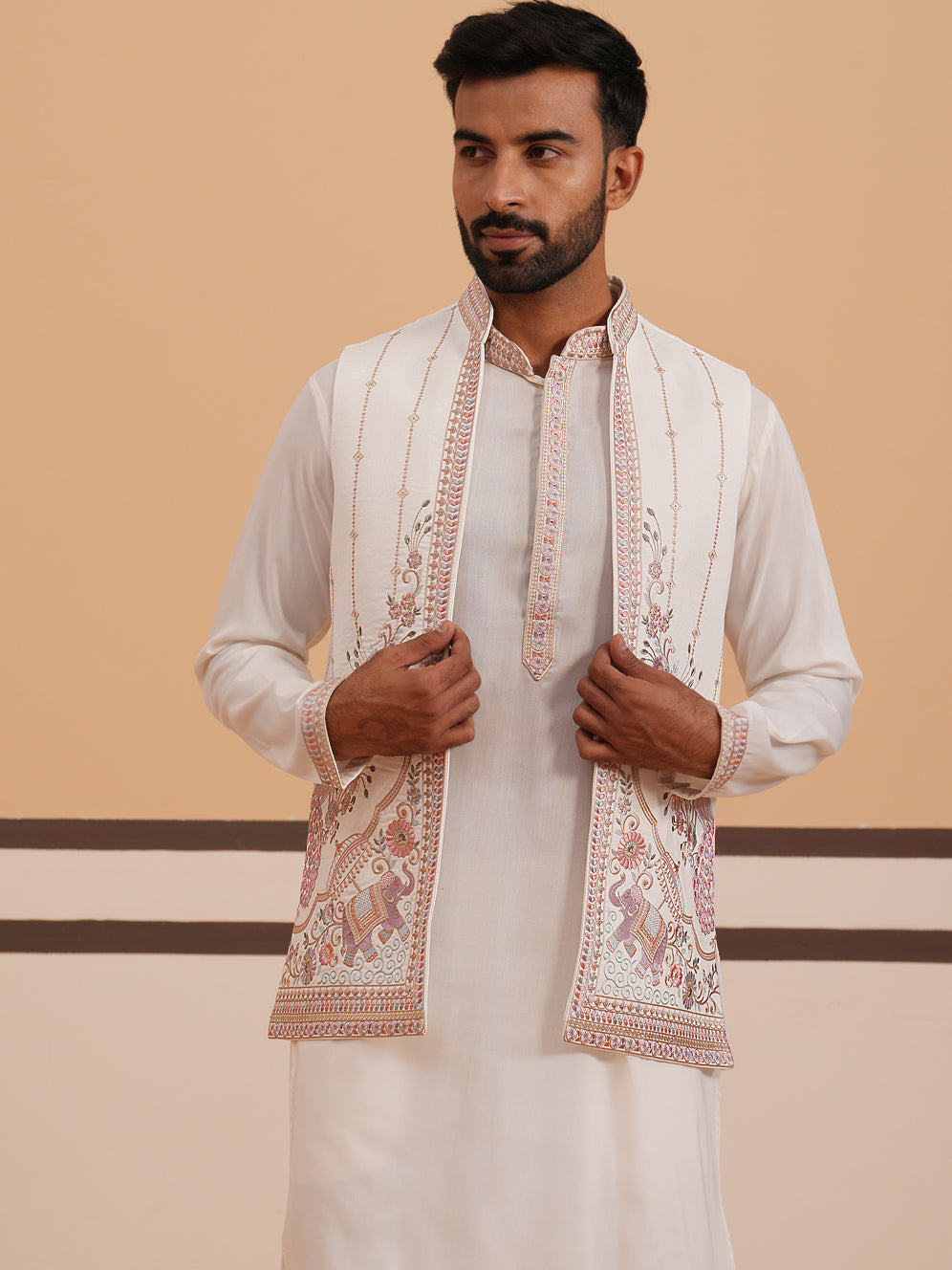 Ivory Embroidered Nehru Jacket Kurta Set for men (JOKPWCS 5377 White )