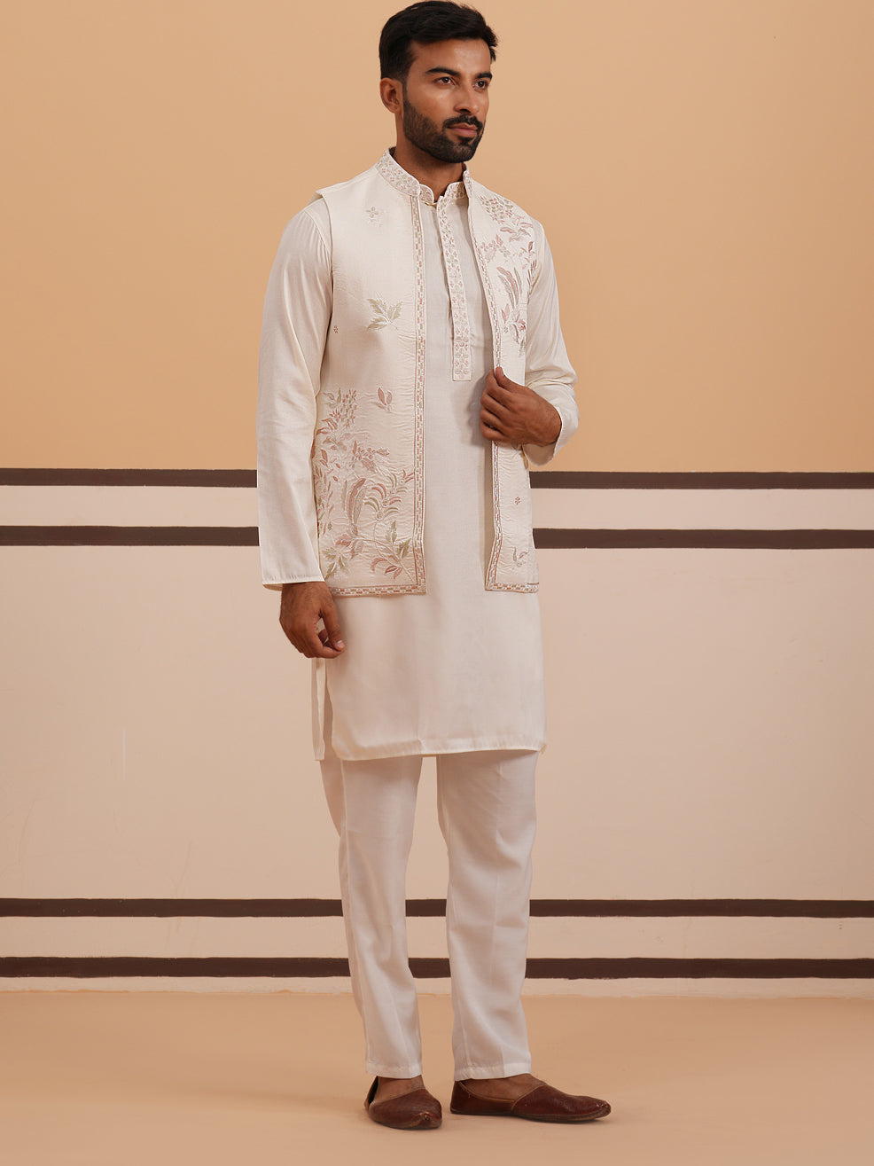 DesiQlo Men Embroidered Nehru Jacket and Kurta Pyjama S - JOKPWCS_5378