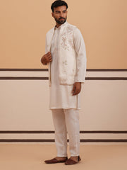 Ivory Embroidered Nehru Jacket Kurta Set for men (JOKPWCS 5378 White ) [FF] [ G12 ]