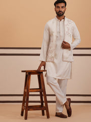 Ivory Embroidered Nehru Jacket Kurta Set for men (JOKPWCS 5378 White ) [FF] [ G12 ]