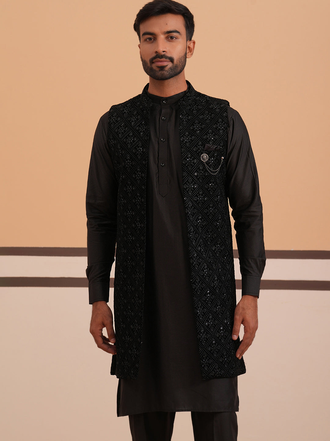 DesiQlo Men Embroidered Nehru Jacket and Kurta Pyjama S - JOKPWCS_592B